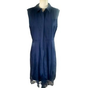 T Tahari Navy Blue Pleated Embroidered Laser Cut Sleeveless Cotton Dress Sz 10